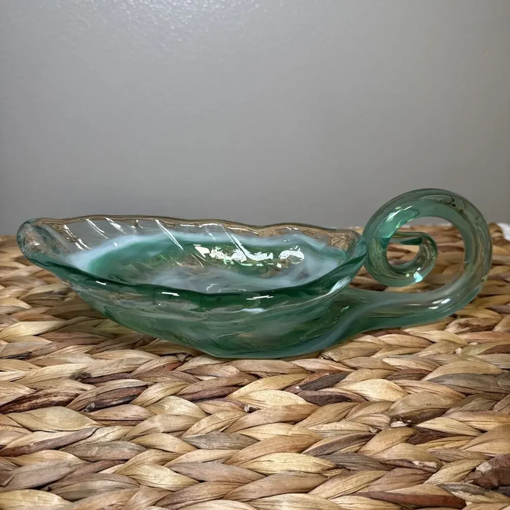 Vintage Aqua Art Glass Console Bowl Freeform Dish Vase Scroll Handle MCM 9.6”